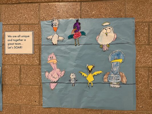 Student artwork on display in the hallway
