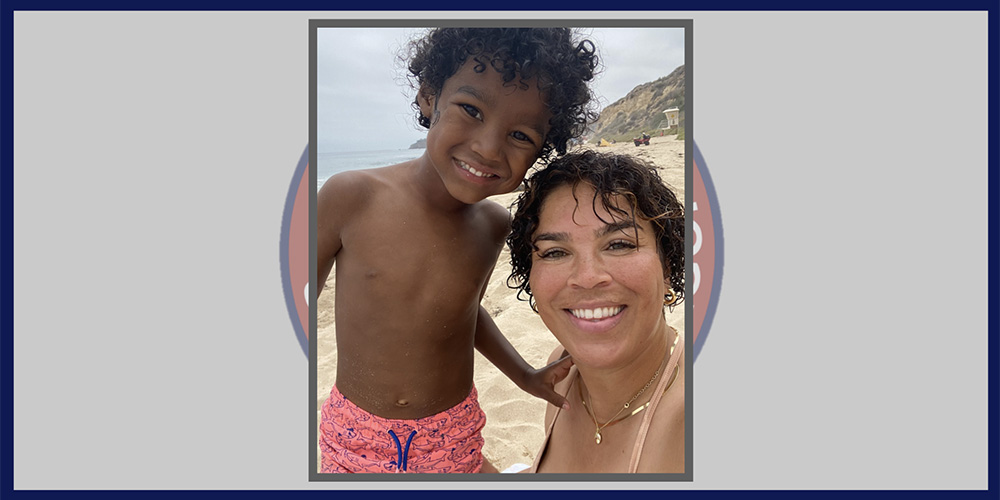 Miss Crowe with her son at the beach.