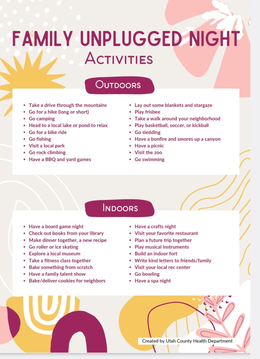 Family Night Unplugged activity list